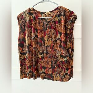 Vintage Plisse Multicolor Leaf Print ribbed Blouse tank